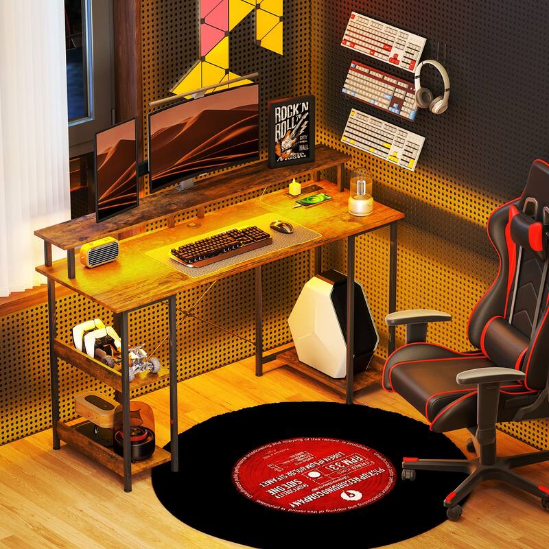 Rustic Brown Gaming Desk with Dual USB Port and Adjustable Monitor Stand Cable Management