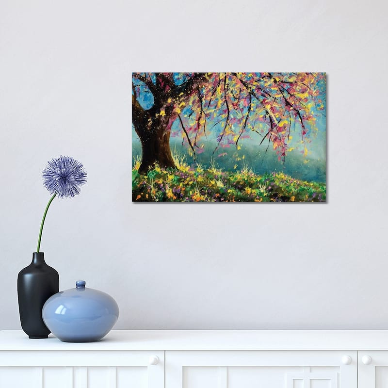 iCanvas "Painting Blooming Sakura Cherry Tree In Meadow Of Flowers Artwork" by Valery Rybakow Canvas Print - 12x18x1.5