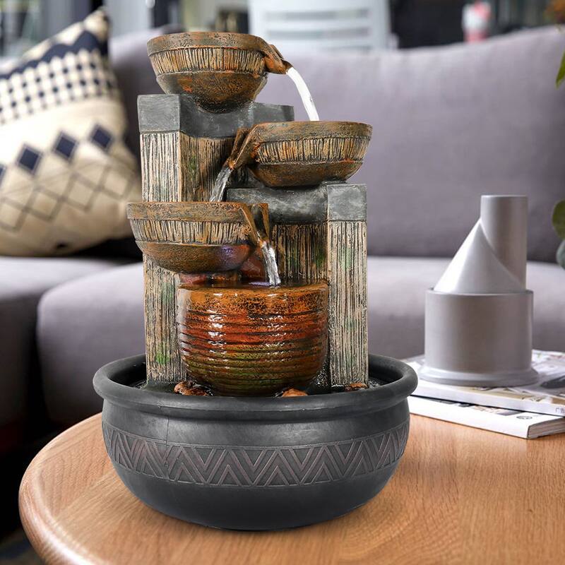 4-Tier Indoor Tabletop Waterfall Fountain with Lights, Resin Water Feature