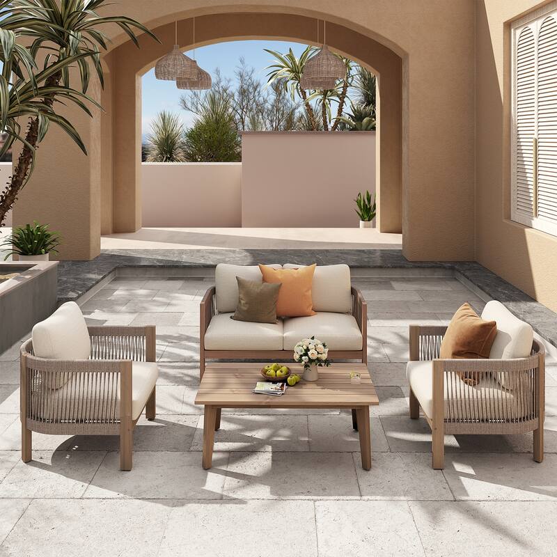 Outdoor Acacia Wood Conversation Set with Cushions - Beige