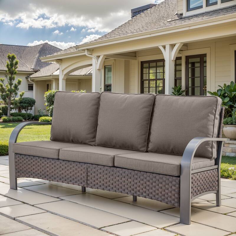 Pocassy Outdoor Sofa PE Wicker Furniture Set - Grey Cushion - Only 3-Seat Sofa