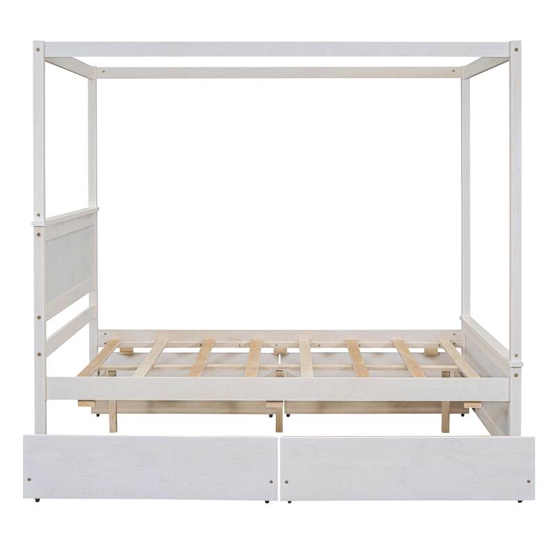 Full Size Wood Canopy Bed with Drawers, Brushed White Finish, No Box Spring Needed