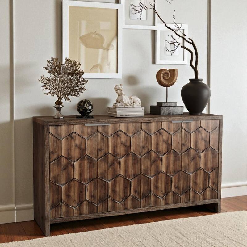 Farmhouse Style 4-Door Wooden Sideboard Buffet Cabinet with Adjustable Shelves and Metal Handles.