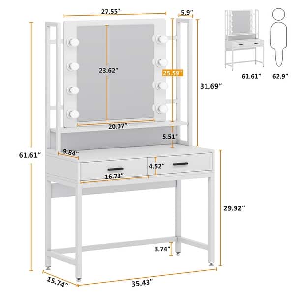 dimension image slide 0 of 2, Makeup Vanity Dressing Table with Mirror, 8 Lights & 2 Drawers - 35.43"(W)*15.74"(D)*61.61"(H)