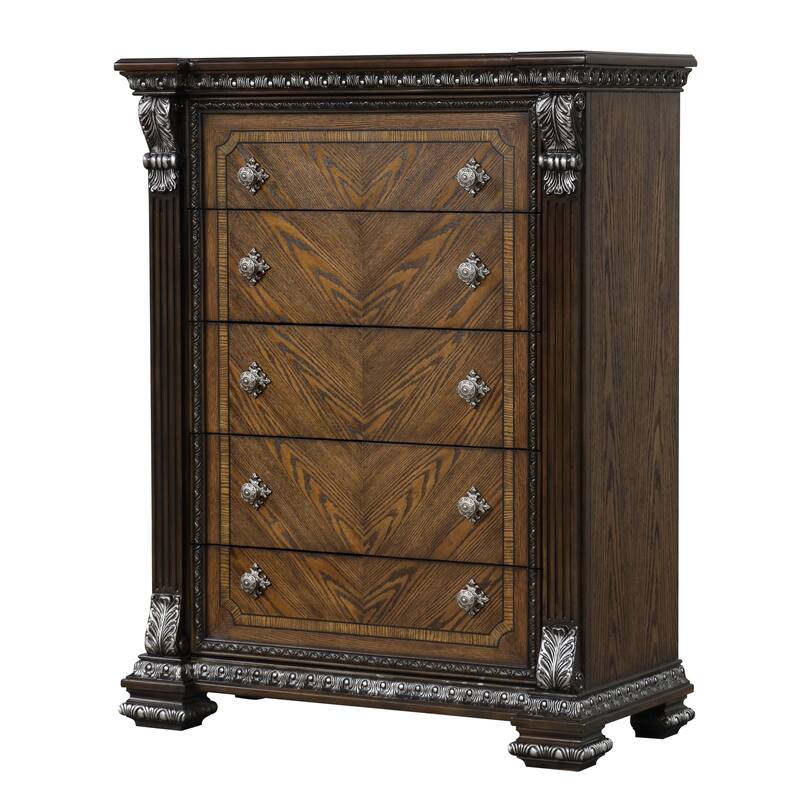 Furniture of America Orla Traditional Solid Pine Wood 5-Drawer Chest with Fluted Posts