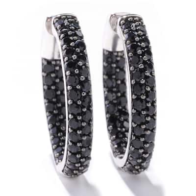 Sterling Silver 4 TCW Black Spinel Inside-outside 1-inch Hoop Earrings with Clicker Lock