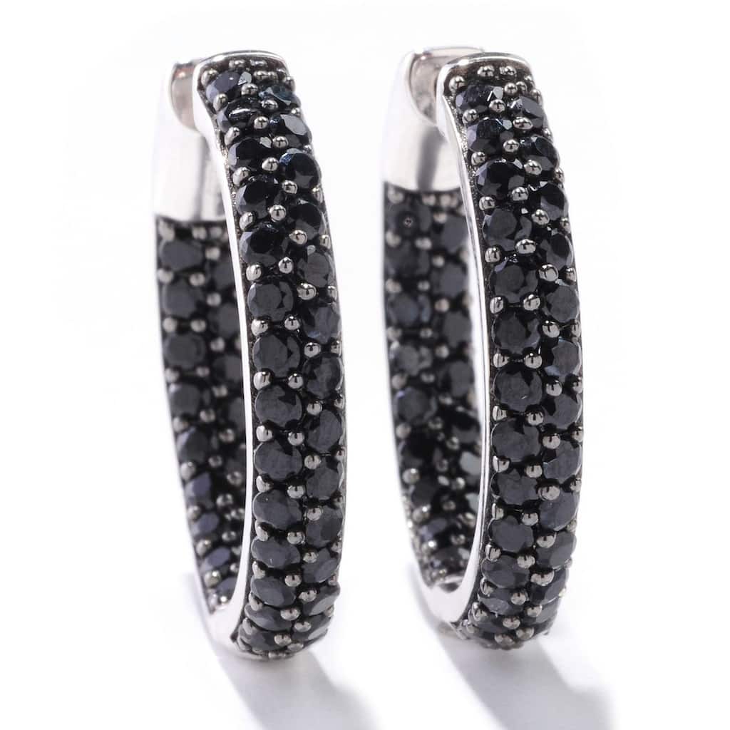 Sterling Silver 4 TCW Black Spinel Inside-outside 1-inch Hoop Earrings with Clicker Lock