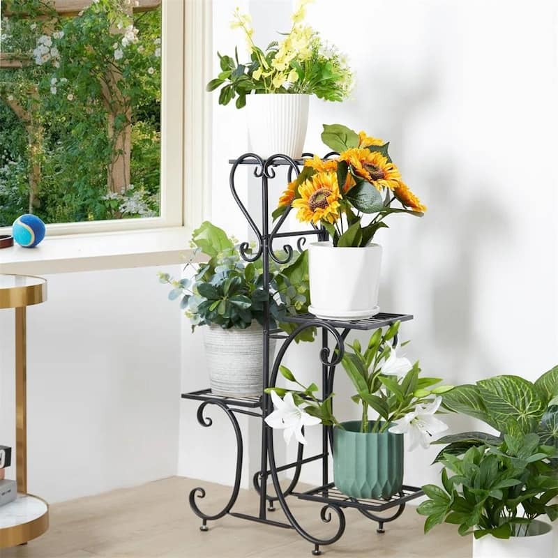 Black Metal 4-Tier Plant Stand Rectangle Shelf Pedestal Indoor Outdoor Durable - 19.6” L x 9.8” W x 34.2” H