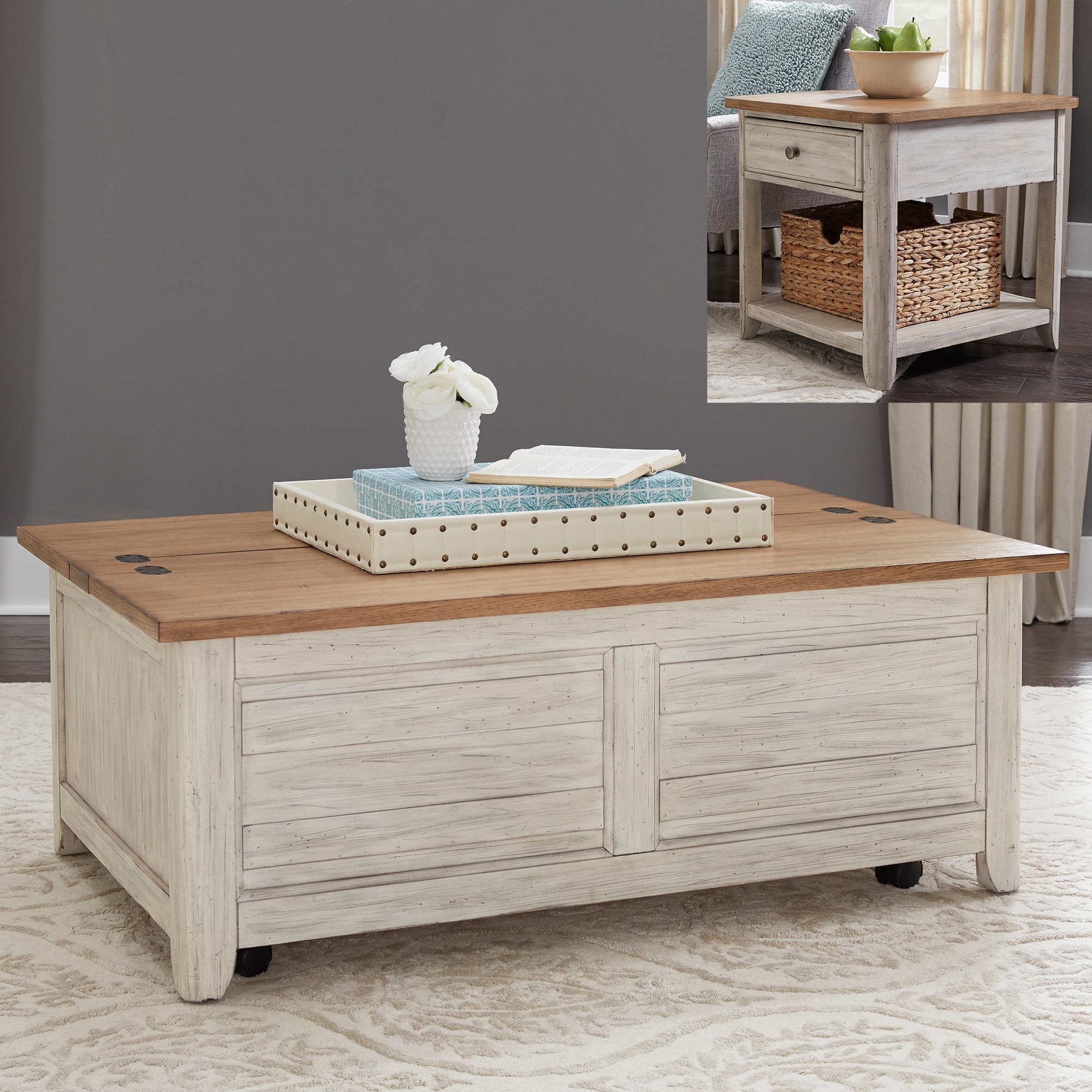 Farmhouse Reimagined Storage Trunk Cocktail Table, 2 End Tables 3 Piece Set - Storage Trunk Table, 2 End Tables