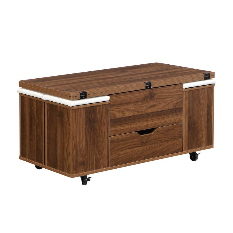 Multi-Functional Lift-Top Coffee Table with Hidden Storage and Stools,Table with 4 Stools and Casters