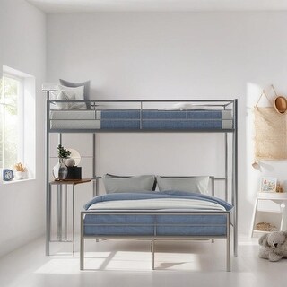 Twin Over Full Bunk Bed with Desk, Metal Bed with Ladder, Kid's Bed with Quality Slats for Bedroom, Metallic Silver