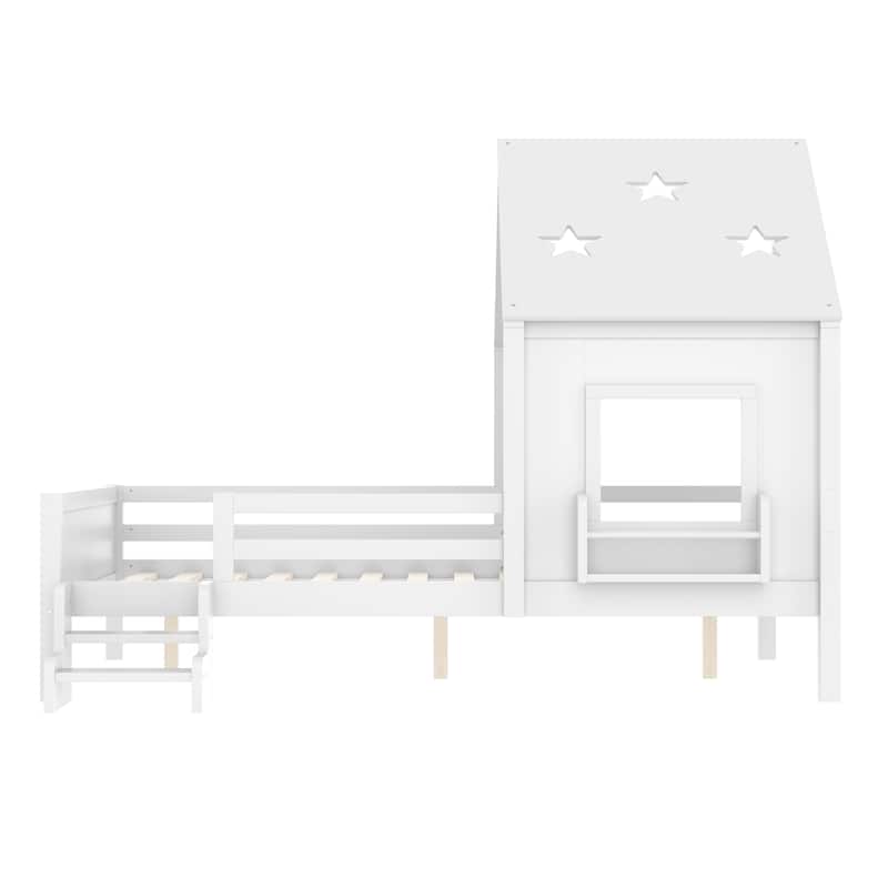 Low Profile Stairs Platform Bed Wood House Bed with Cute Star-shape Roof, Window, Bookcase and Blackboard for Boys and Girls
