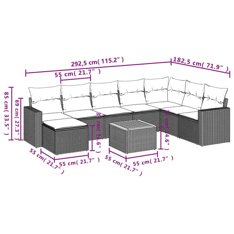 vidaXL 9 Piece Patio Sofa Set with Cushions Black Poly Rattan - 24.4" x 24.4" x 27.2"