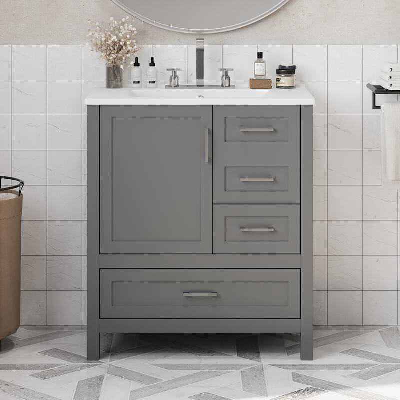 30" Modern Bathroom Vanity Set with Ceramic Sink - Soft-Close Doors & 3 Drawers, Storage Cabinet with Removable Tray - Grey