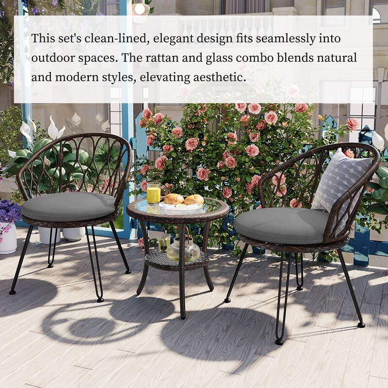 Modern Rattan Outdoor Set with Glass Table & Iron Chairs, Weatherproof