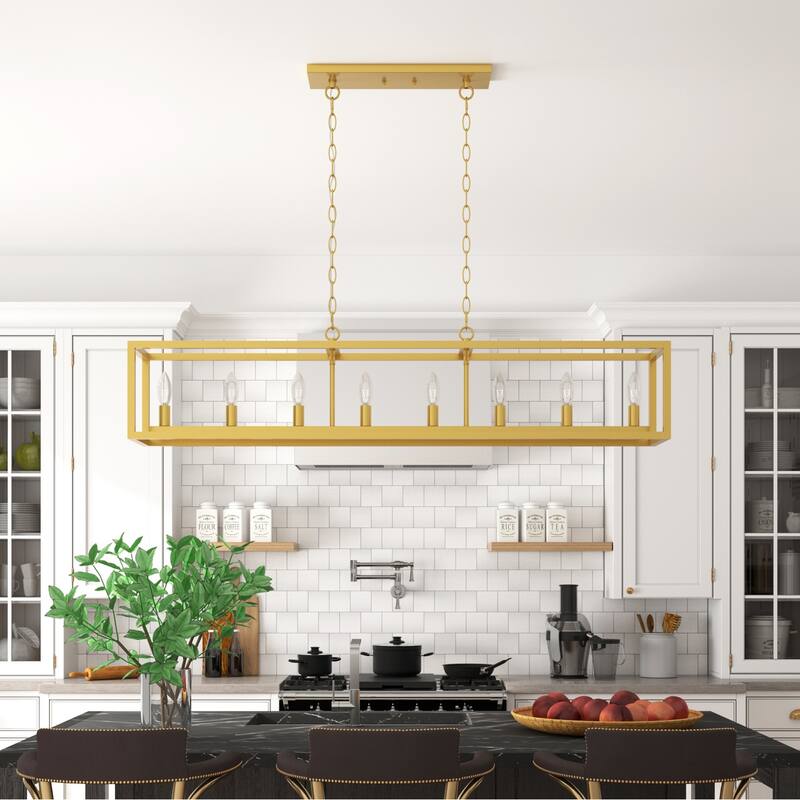 Modern Farmhouse 8-light Rectangle Linear Chandelier for Dining Room - 48 inches - Satin Gold