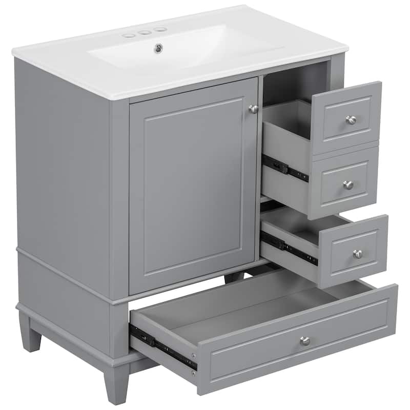30" Bathroom Vanity with Sink, One Door with Shelf and Three Drawers, Soft Close Door, Grey