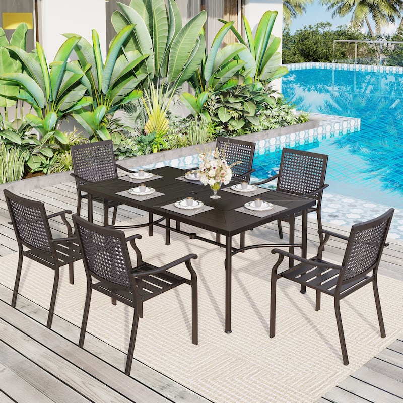 7-Piece Patio Dining Set Metal E-coating of 6 Upgraded Back Pattern Chairs & 1 Umbrella Hole Metal Table
