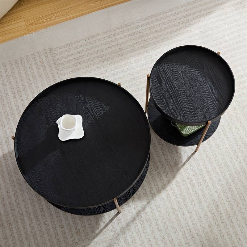 2-Piece 2 tier Round Coffee Table Set,Easy Assembly Nesting End Tables