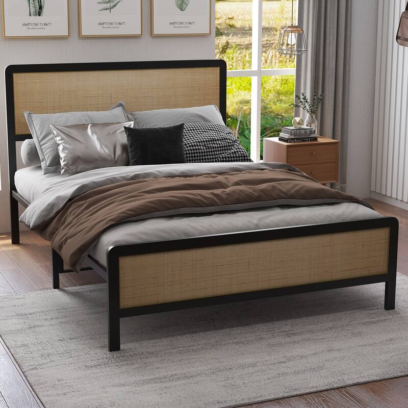 Platform Bed, Boho Cane Bed, Natural Rattan Headboard and Footboard - Queen