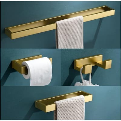4-Piece Modern Gold Bathroom Hardware Set - Towel Bar and Brackets, Stainless Steel, Wall Mount, 23.6 Inch