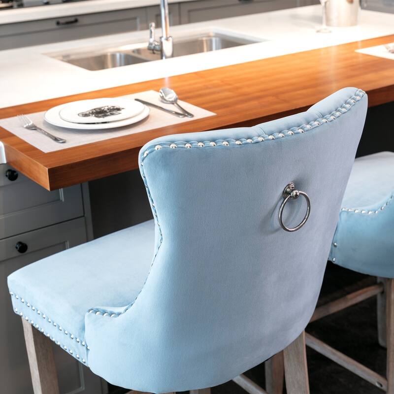 High Backrest Bar Stools Set of 2 Velvet Upholstered Accent Chairs with Button Tufted Decoration and Chrome Nailhead Trim