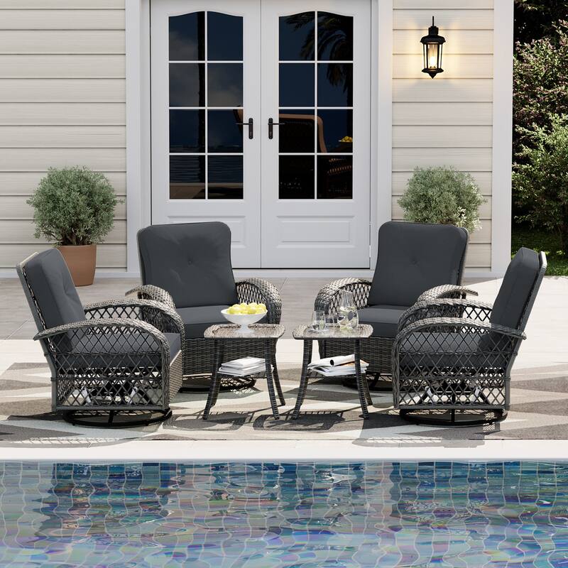 UPHA 6-Piece Patio Outdoor Wicker Swivel Rocking Chair Set with Side Table and Cushions - Grey