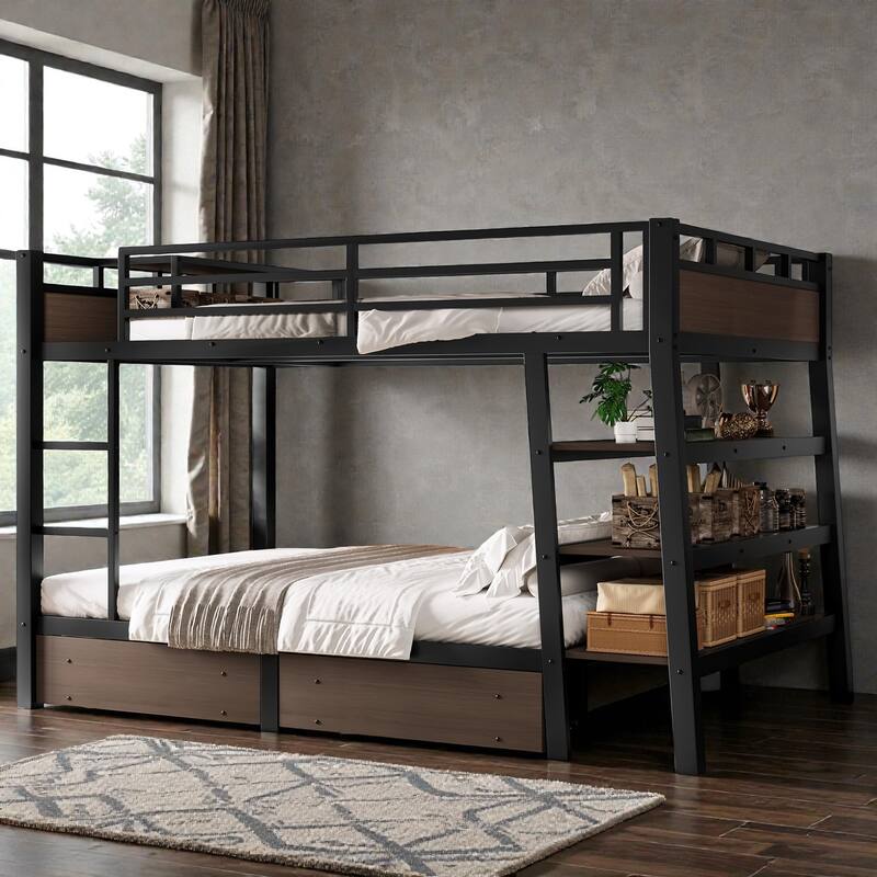 Twin/Full Metal Bunk Bed with Storage Shelves, Drawers, LED Light Strip, USB Power Outlet & Sturdy Guardrail Design - Black - Full