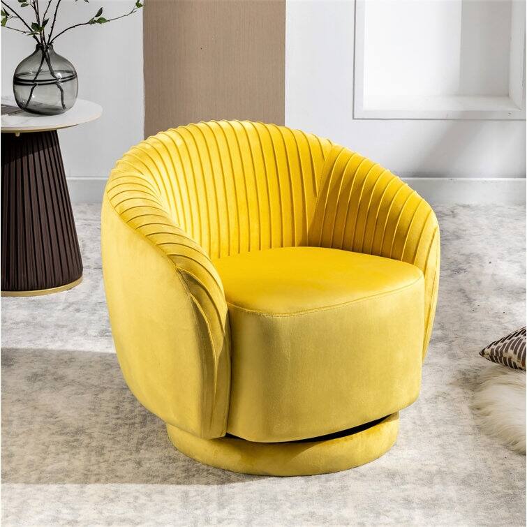 Modern Barrel Swivel Chair with Plush Velvet Upholstery and Smooth 360° Rotation Round Accent One-Seater Sofa - Yellow