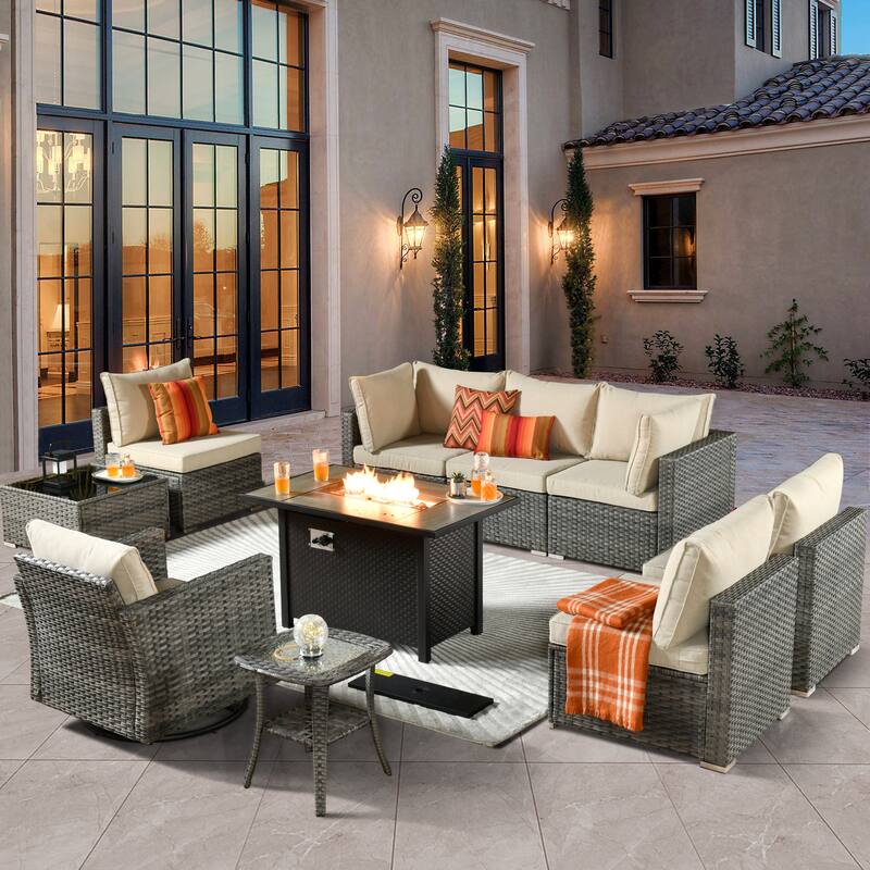 XIZZI 10-Piece Outdoor Furniture Wicker Sectional Set with 42" Fire Table
