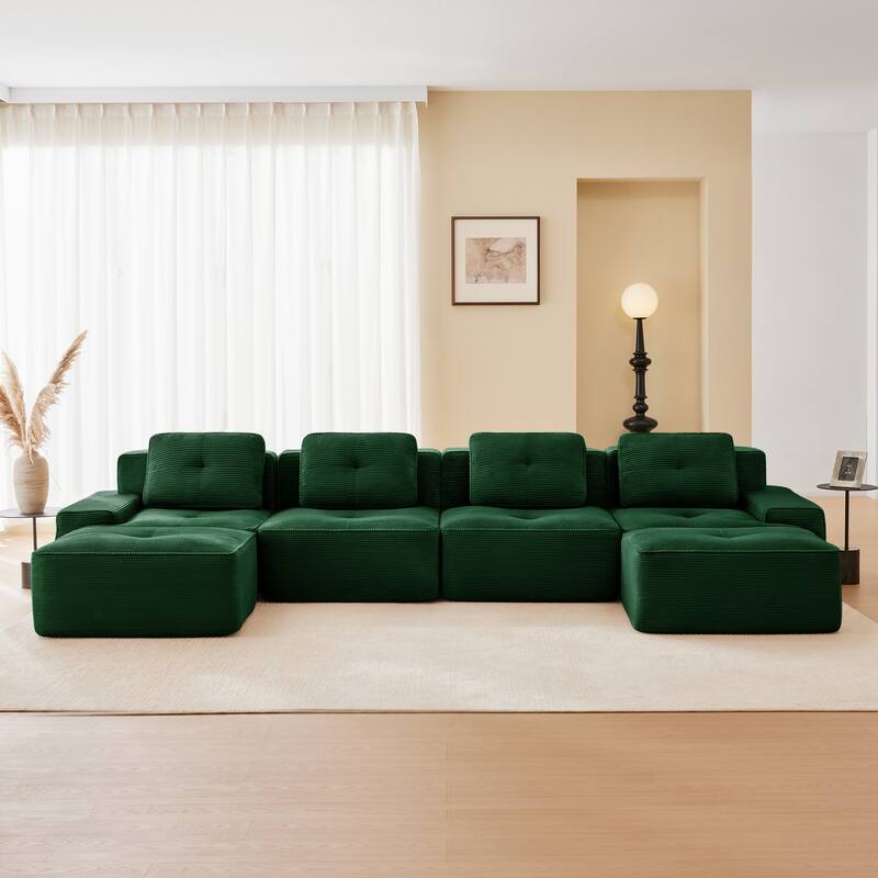 Roomfitters No Assembly Modular Sofa, 117 Inch Corduroy 3-Seater with Piping, Green
