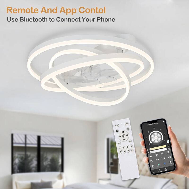 24" Adjustable Light Kit Flush Mount Ceiling Fan, 3 Color Tone CCT dimmable 6 Fan Speed, Remote & App Control for Bedroom - White 
