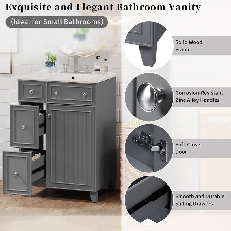 24" Bathroom Vanity with Ceramic Sink, 2 Drawers, Soft-Close Door, Freestanding Cabinet for Small Spaces, MDF and Wood