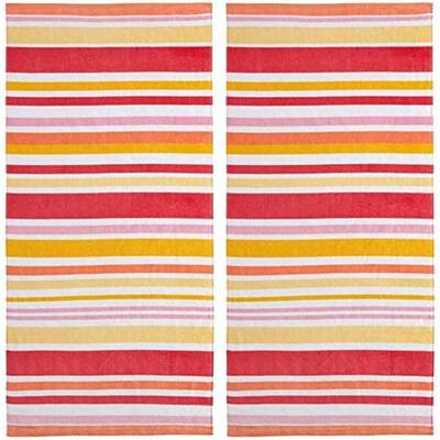 Mudd 100% Cotton Printed 2-Pack Beach Towel 28 x 58 Inch, Cabana Stripe Coral Print