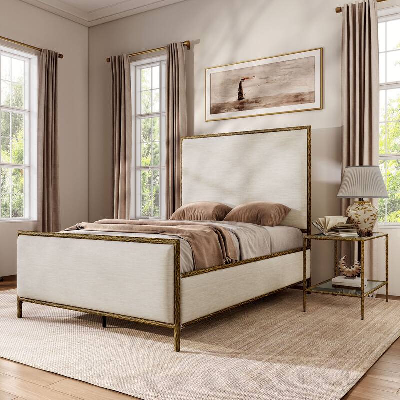 247 Shop At Home Lalia Modern 2-Piece Upholstered Hammered Metal Panel Bedroom Set with Nightstand - Matte Gold - Full