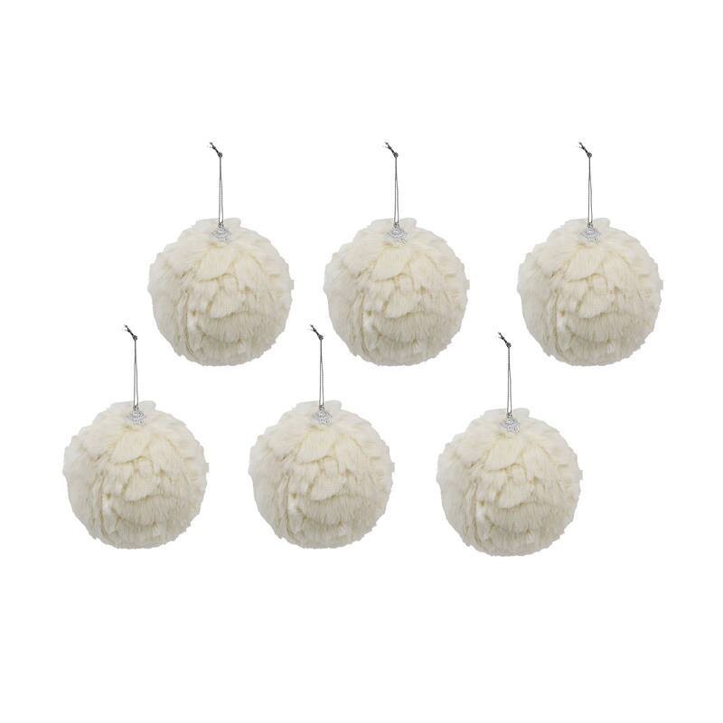 4" Cream Ruffle Ball Ornament, Decorative Hanging Ball Christmas Tree Ornaments for Holiday Party Decorations, Set of 6