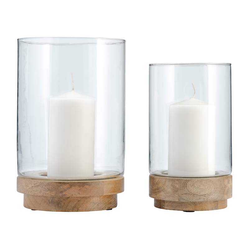 Glass and Wood Candle Stands for Pillar Candles - Set of 2, 9" & 11" Natural