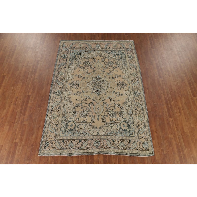 Peach Tabriz Vintage Persian Area Rug Hand-Knotted Wool Carpet - 6'8" x 9'8"