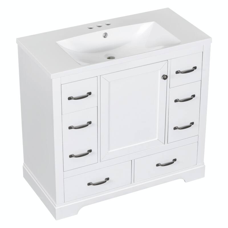 36" Bathroom Vanity with Sink Combo: Six Drawers, Multi-Functional Divider, Adjustable Shelf