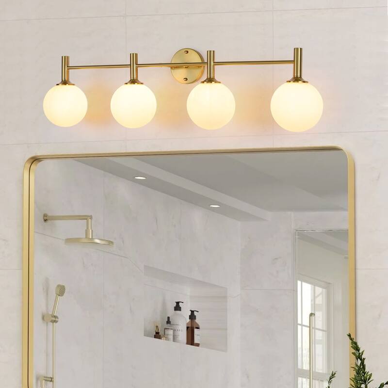 4-Light Brushed Brass Glass Globe Vanity Wall Lamp Bathroom Sconce - Opal Glass