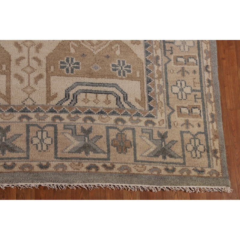 Geometric Khotan Indian Area Rug Hand-Knotted Beige Wool Carpet - 8'10" x 11'10"