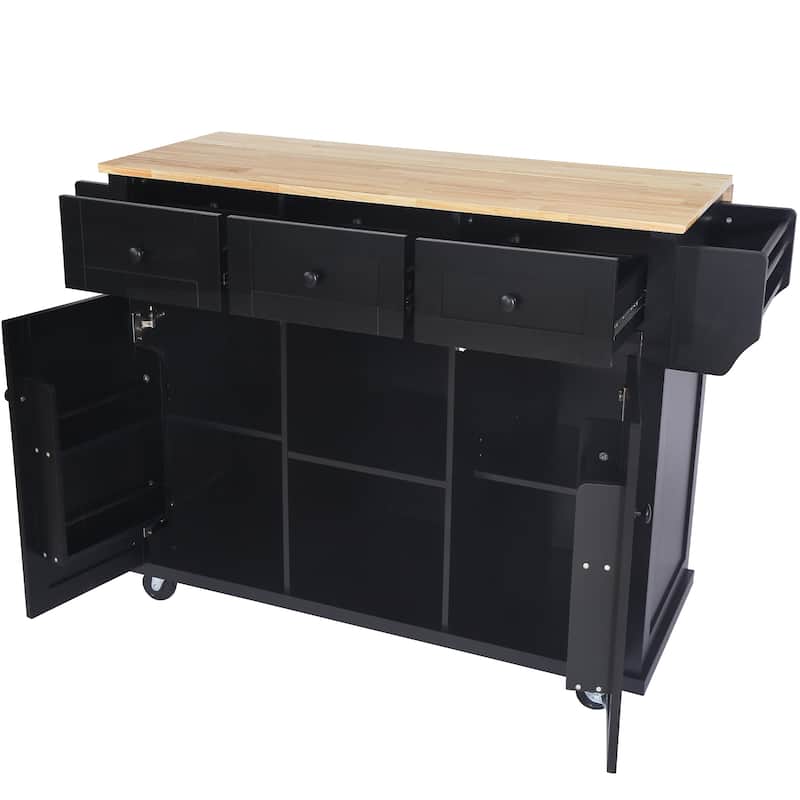 Mobile Kitchen Island Cart Cabinet with Cabinet Door Internal Storage Racks, 3 Drawers and Rubber Wood Drop-Leaf Countertop