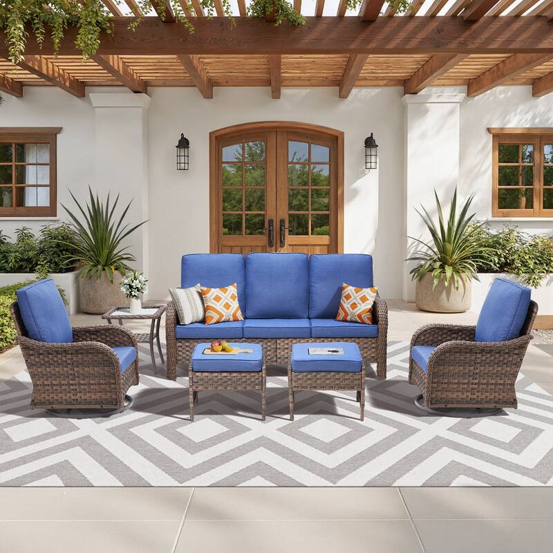 Pocassy Outdoor Patio Furniture Set PE Wicker Sofa Set - Blue Cushion - Brown Wicker - 6 Piece Sofa Swivel Chairs Table with Ottoman