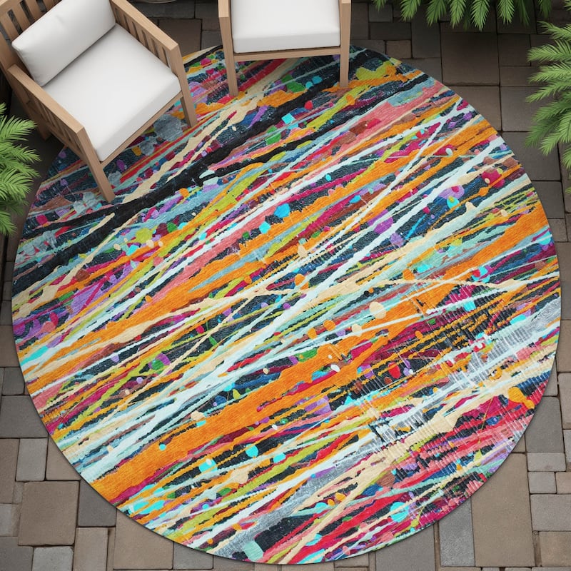 Machine Washable Indoor/Outdoor Abstract Stripes Chantille Rug - Orange - 8' x 8'