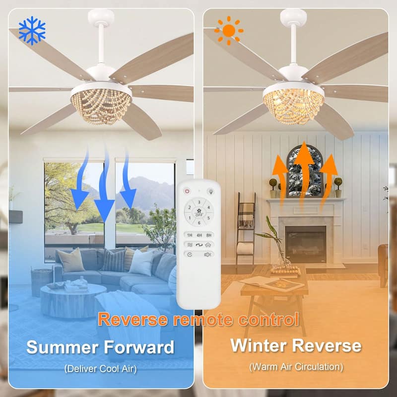 Cusp Barn 65" Boho White Ceiling Fan with Light and Remote, Farmhouse 6-Speed Wood Beaded Chandelier Ceiling Fan for Large Room