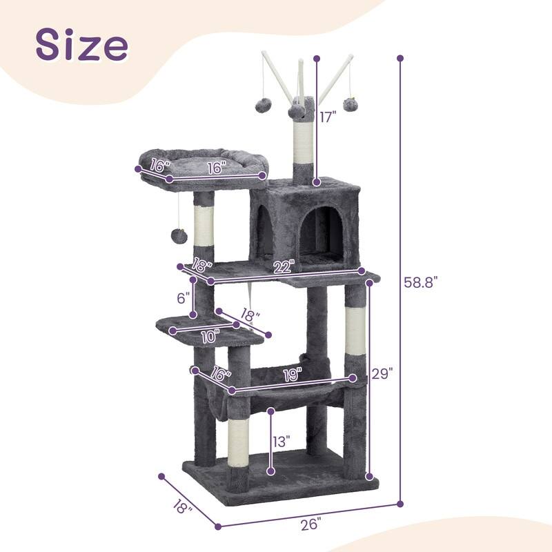 57-inch Light Grey Cat Tree with Padded Platform Bed