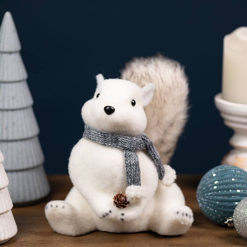 Snow Squirrel with Pinecone and Scarf Christmas Figure - 8.25" - White and Black