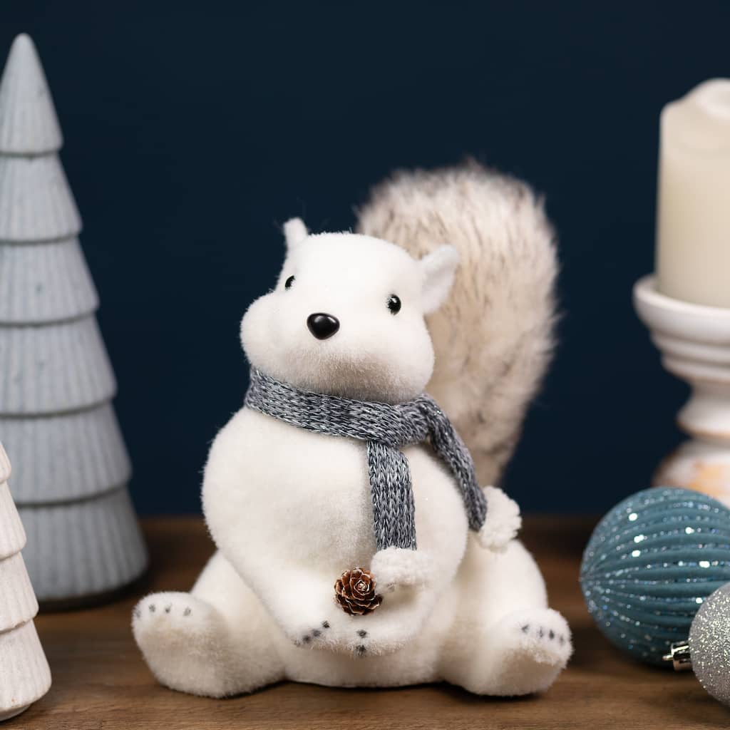 Snow Squirrel with Pinecone and Scarf Christmas Figure - 8.25" - White and Black