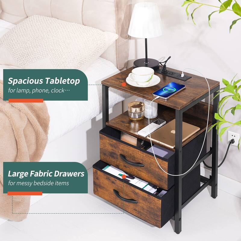 Nightstand with Charging Station,LED Night Stand with Fabric Drawers and Storage Shelf,Nightstands Bedside Tables with USB Ports