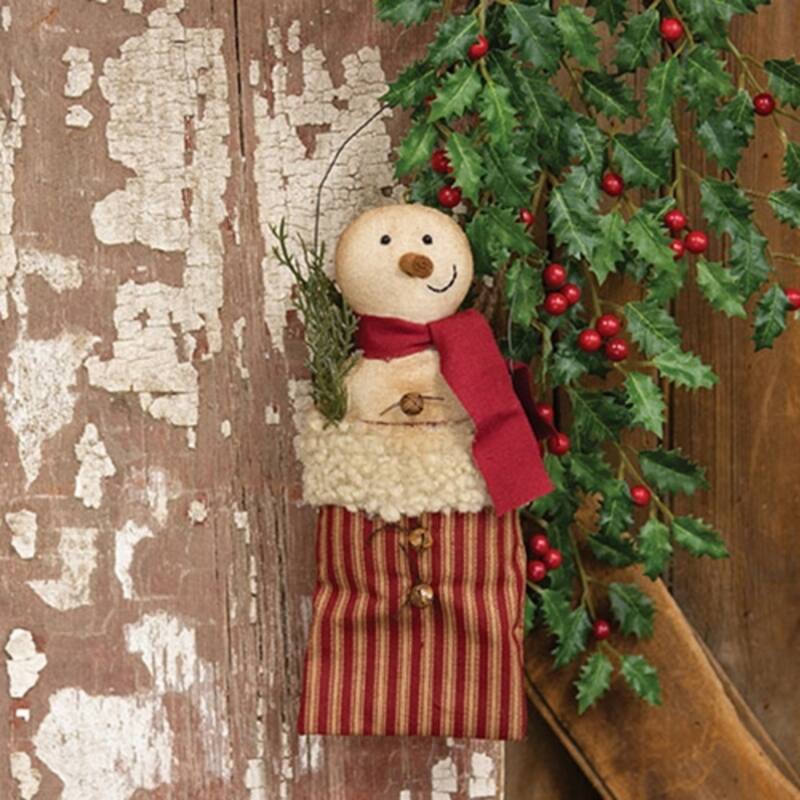 Primitive Stuffed Snowman Hanger in Red Ticking Stripe Sack with Sherpa Cuff Rusted Bells Bead Eyes - 9.5" H x 4" W x 2" D